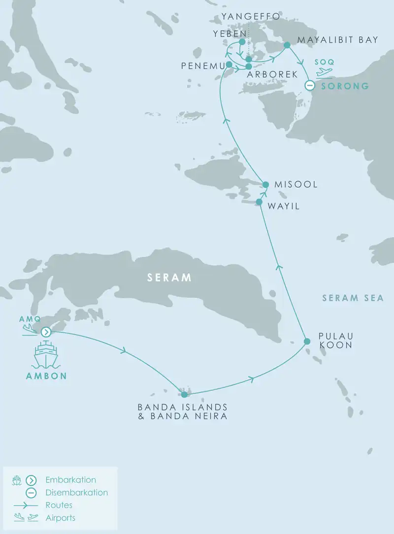 Route map of Aqua Blu Spice Islands & Raja Ampat cruise from Ambon to Sorong, Indonesia, with visits to the islands of Banda Neira, Pulau Koon, Wayil, Misool, Penemu. Yangeffo, Yeben & Arborek.