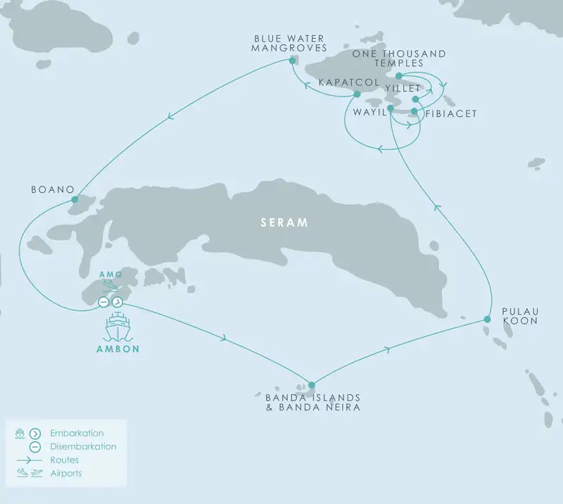 Route map of Aqua Blu Spice Islands & South Raja Ampat cruise round-trip from Ambon with visits to the islands of Banda Neira, Pulau Koon, Misool & Boano.