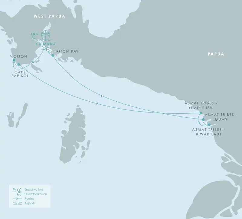 Route map of 8-day Aqua Blu West Papua & Asmat Tribe Expedition cruise, round-trip from Kaimana with visits to Triton Bay, Momon & Cape Papisol, Indonesia.