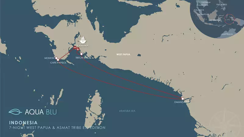 Route map of 8-day Aqua Blu West Papua & Asmat Tribe Expedition cruise, round-trip from Kaimana with visits to Triton Bay, Momon & cape Papisol, Indonesia.
