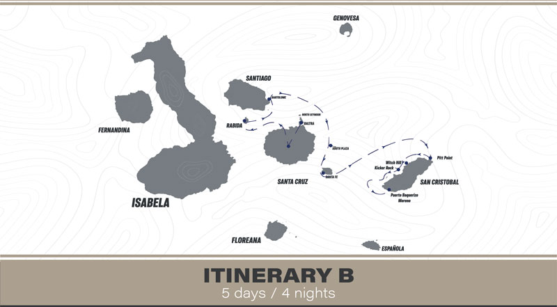 Route map of 5-day East Hermes Galapagos Cruise, from Baltra to San Cristobal with visits to Rabida, Bartolome, South Plaza & Santa Fe.
