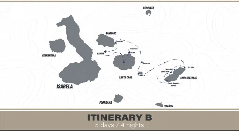 Route map of 5-day East Hermes Galapagos Cruise, from Baltra to San Cristobal with visits to Rabida, Bartolome, South Plaza & Santa Fe.