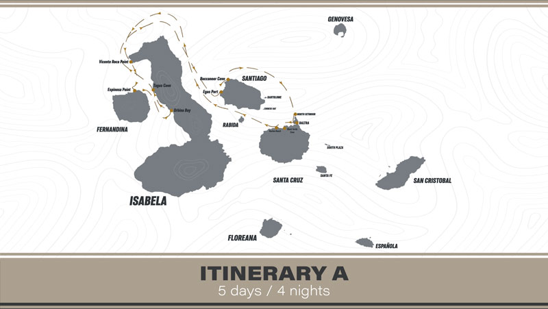Route map of 5-day West Hermes Galapagos Cruise, round-trip from Baltra with visits to Santa Cruz, Isabela, Fernandina, Santiago & North Seymour.