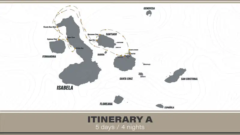 Route map of 5-day West Hermes Galapagos Cruise, round-trip from Baltra with visits to Santa Cruz, Isabela, Fernandina, Santiago & North Seymour.