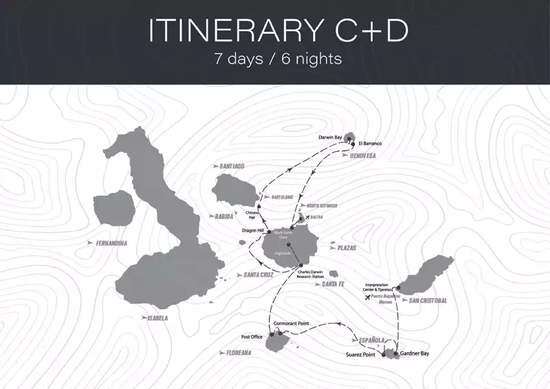 Route map of 7-day East Hermes Galapagos Cruise, from San Cristobal to Baltra with visits to Espanola, Floreana, Santa Cruz, Chinese Hat & Genovesa.