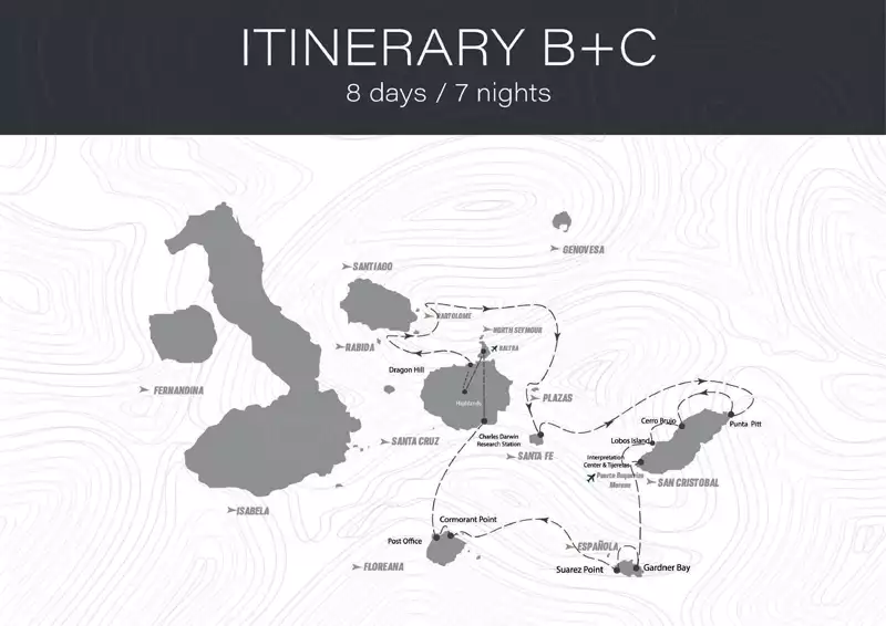 Route map of 8-day East Hermes Galapagos Cruise, round-trip from Baltra, with visits to Rabida, Bartolome, South Plaza, Santa Fe, San Cristobal, Espanola, Floreana & Santa Cruz.