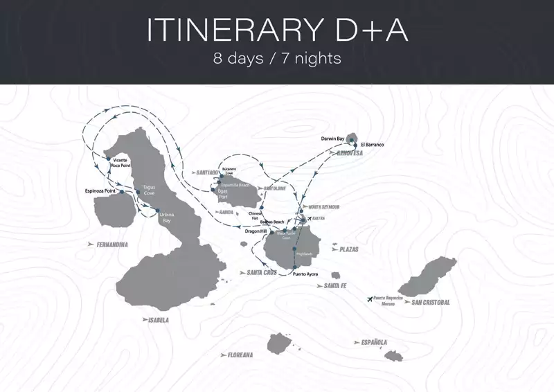 Route map of 8-day West Hermes Galapagos Cruise, round-trip from Baltra with visits to Santa Cruz, Chinese Hat, Genovesa, Isabela, Fernandina, Santiago & North Seymour.