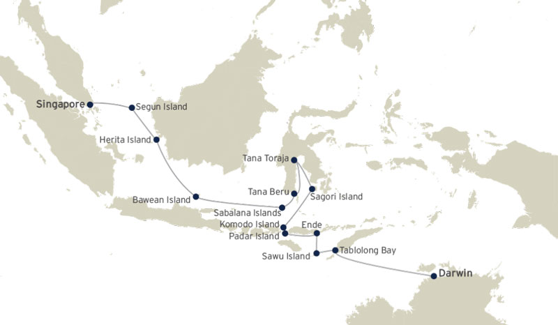 Route map of Island Trails & Traditions of Indonesia cruise from Singapore to Darwin, Australia with visits along the archipelago.