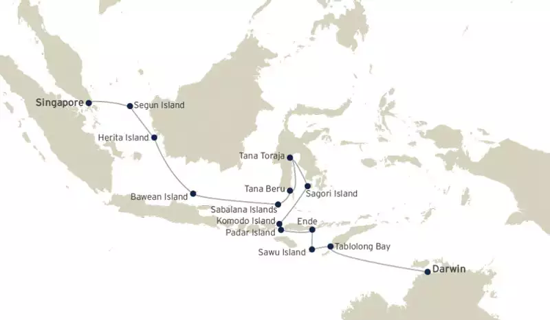 Route map of Island Trails & Traditions of Indonesia cruise from Singapore to Darwin, Australia with visits along the archipelago.