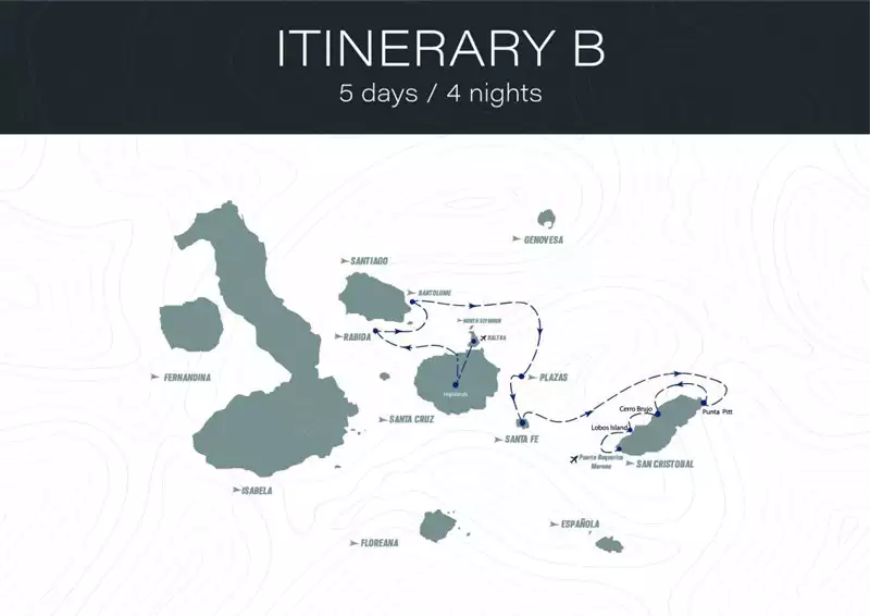 Route map of 5-day East Monserrat Galapagos Cruise, from Baltra to San Cristobal with visits to Santa Cruz, Rabida, Bartolome, South Plaza, Santa Fe.