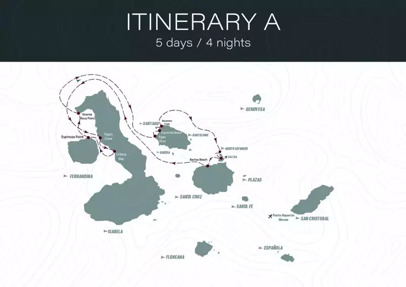 Route map of 5-day West Monserrat Galapagos Cruise, round-trip from Baltra, with visits to Santa Cruz, Isabela, Fernandina, Santiago and North Seymour.