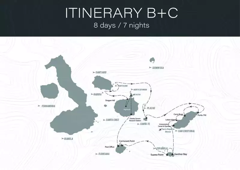 Route map of 8-day East Monserrat Galapagos Cruise, round-trip from Baltra, with visits to Santa Cruz, Rabida, Bartolome, South Plaza, Santa Fe, San Cristobal, Espanola and Floreana.