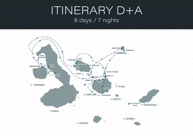 Route map of 8-day West Monserrat Galapagos Cruise, round-trip from Baltra, with visits to Santa Cruz, Chinese Hat, Genovesa, Isabela, Fernandina, Santiago and North Seymour.