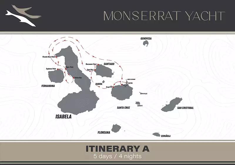 Route map of 5-day West Monserrat Galapagos Cruise, round-trip from Baltra, with visits to Santa Cruz, Santiago, Isabela & Fernandina.