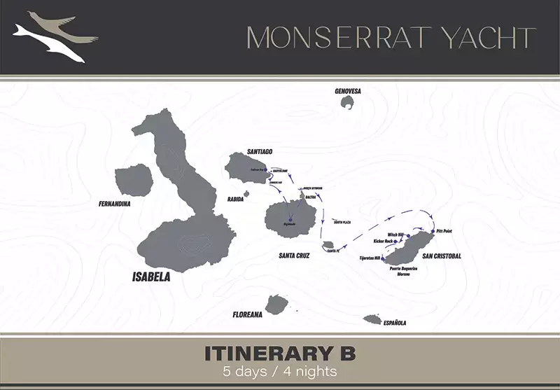 Route map of 5-day East Monserrat Galapagos Cruise, from Baltra to San Cristobal with visits to Santa Cruz, Chinese Hat, Santiago, North Seymour & Santa Fe.