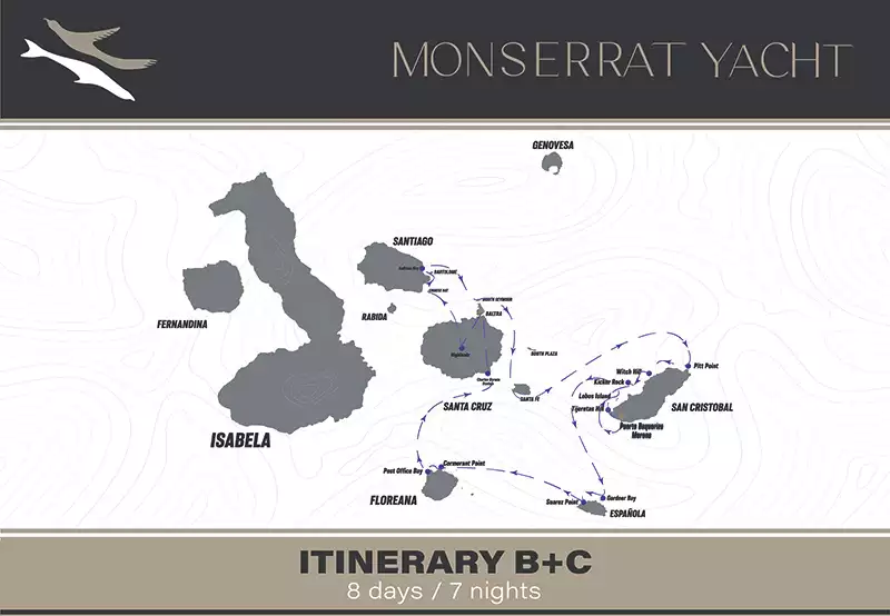 Route map of 8-day East Monserrat Galapagos Cruise, round-trip from Baltra, with visits to Santa Cruz, Chinese Hat, Santiago, North Seymour, Santa Fe, San Cristobal, Espanola & Floreana.