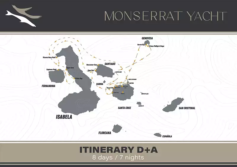 Route map of 8-day West Monserrat Galapagos Cruise, round-trip from Baltra, with visits to Santa Cruz, Genovesa, Bartolome, Santiago, Isabela & Fernandina.