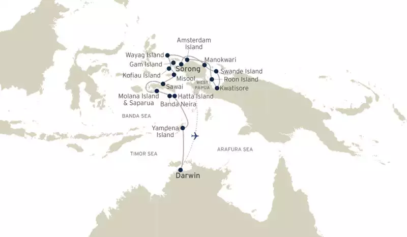 Route map of Spice Islands & Raja Ampat small ship cruise, operating between Darwin, Australia & Sorong, West Papua, Indonesia, with visits to Banda Neira, Spice Islands, Molana & Saparua Islands,Sawai Island, Misool, Kofiau Island, Wayag Island, Amsterdam Island, Num Island, Manokwari, Cenderawasih Bay & Kwatisore Village.