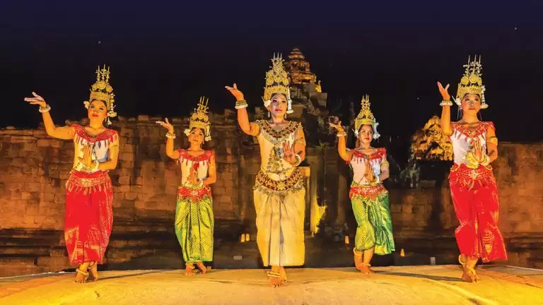 An evening performance of traditional Apsara Dance at Banteay Srei Temple, Angkor, Siem Reap Province, Cambodia
