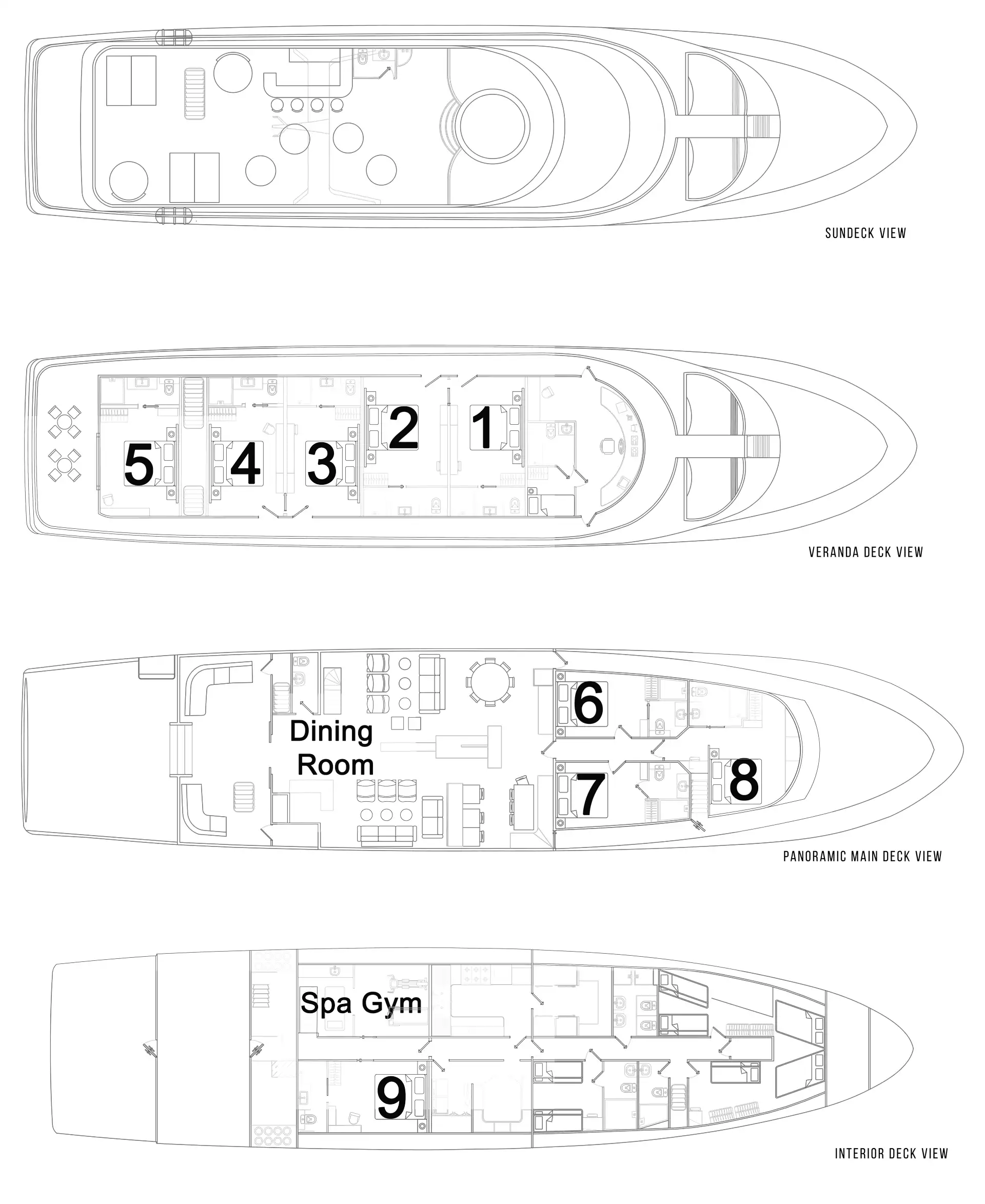 Deck plan of Kontiki Wayra luxury yacht with 4 guest decks, 9 staterooms & various social spaces, including a gym.