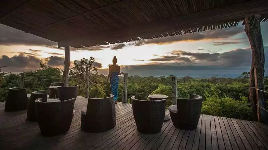 A female traveler stands on a covered deck with lounge chairs overlooking an expanse of trees on the Galapagos Islands