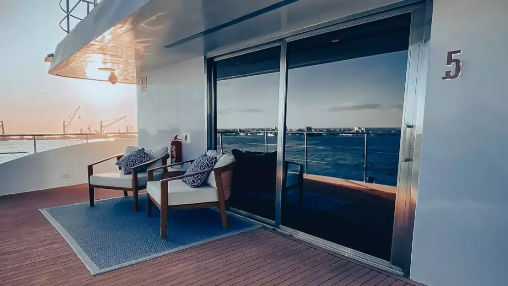 Outdoor living room of Veranda Stateroom #5 aboard Kontiki Wayra. Option to make fully private.