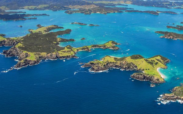 New Zealand cruise ships seen from an aerial view sailing in the water among bright green islands with rocky shores.