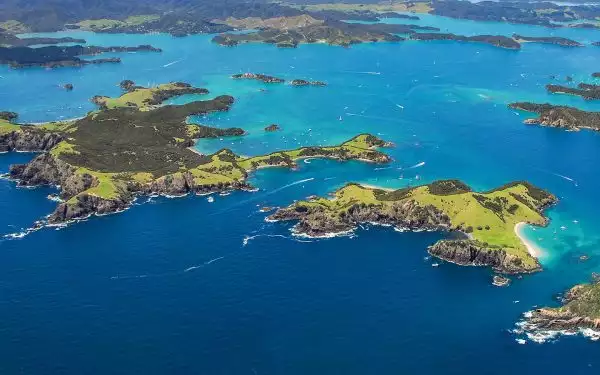 New Zealand cruise ships seen from an aerial view sailing in the water among bright green islands with rocky shores.