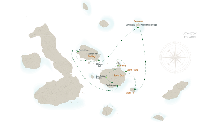 Example route map of an central northern Galapagos Islands itinerary showing the path of a ship sailing the islands of Genovesa, Santiago, Santa Cruz and Santa Fe