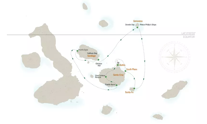 Example route map of an central northern Galapagos Islands itinerary showing the path of a ship sailing the islands of Genovesa, Santiago, Santa Cruz and Santa Fe