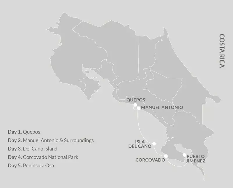 Route map of 5-day southbound Kontiki Pura Vida Expedition cruise from Quepos to Puerto Jimenez, Costa Rica, with visits to the Osa Peninsula, Corcovado National Park, Del Cano Island & Manuel Antonio.