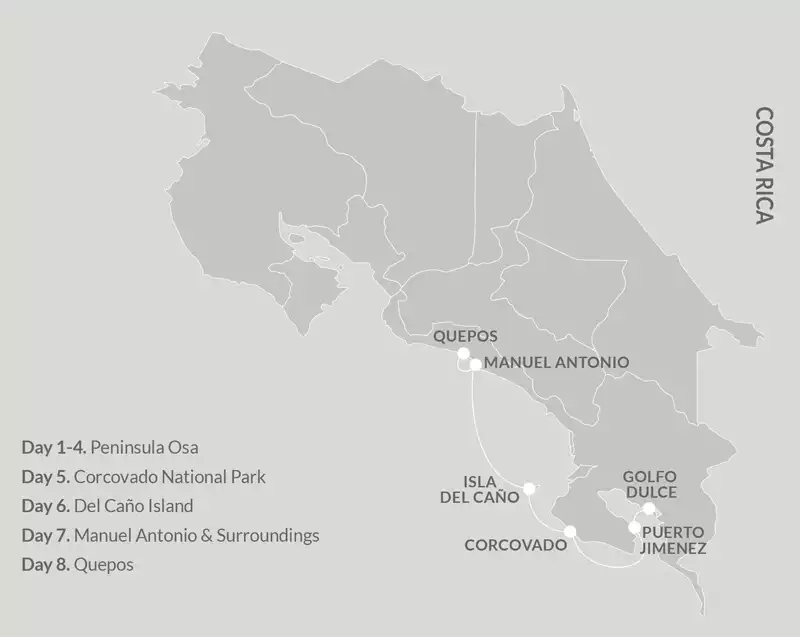 Route map of 8-day northbound Kontiki Pura Vida Expedition cruise from Golfito to Quepos, Costa Rica, with visits to the Osa Peninsula, Corcovado National Park, Del Cano Island & Manuel Antonio.