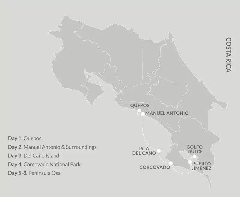 Route map of 8-day southbound Kontiki Pura Vida Expedition cruise from Quepos to Golfito, Costa Rica, with visits to the Osa Peninsula, Corcovado National Park, Del Cano Island & Manuel Antonio.