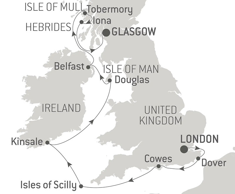 Route map of Celtic Voyage: The Hebrides & The Irish Sea - with Smithsonian Journeys cruise from London to Glasgow, with visits along England, Ireland & Scotland.