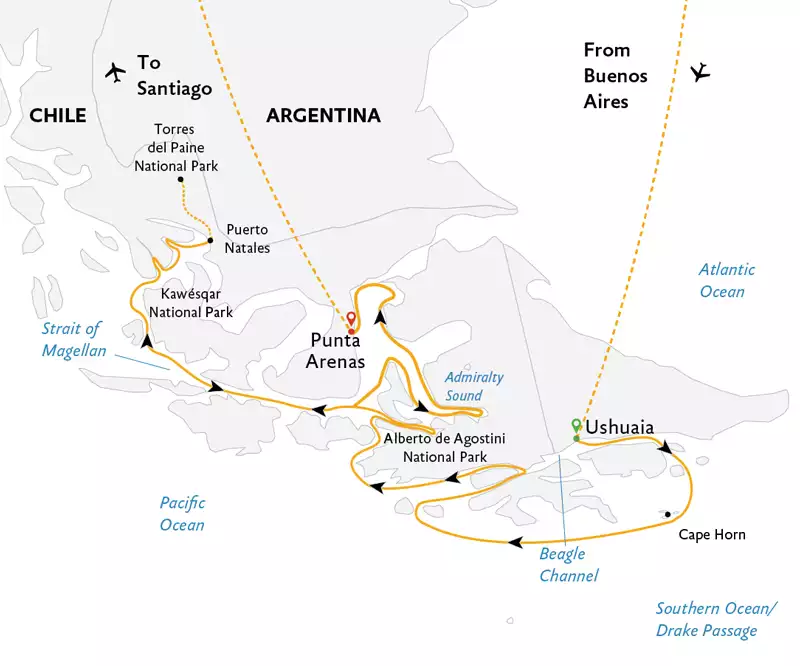 Route map of Essential Patagonia: Chilean Fjords & Torres del Paine Cruise, operating from Buenos Aires to Ushuaia, Argentina for embarkation, disembarking at Punta Arenas, Chile and ending in Santiago, Chile.