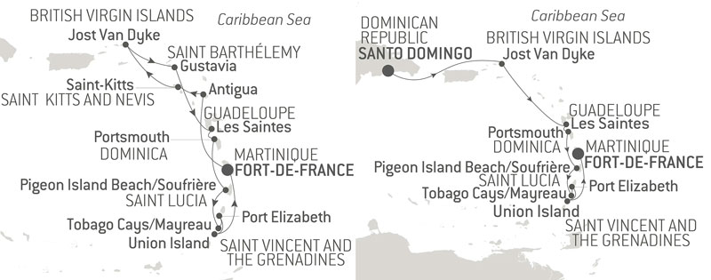 Route map of Essentials of the Caribbean Cruise, operating from Fort-de-France, Martinique or Santo Domingo, Dominican Republic to Fort-de-France, with visits to Port Elizabeth on Bequia Island, Mayreau Island, Tobago, Gustavia, Portsmouth, Pigeon Island, Soufriere in Saint Lucia, Antigua & "The Saints."