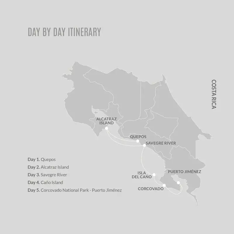Route map of 5-day southbound Kontiki Pura Vida Expedition cruise from Quepos to Puerto Jimenez, Costa Rica, with visits to the Osa Peninsula, Corcovado National Park, Del Cano & Alcatraz Islands & Manuel Antonio.