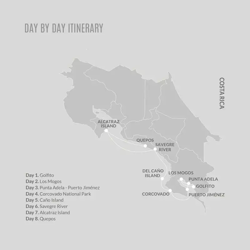 Route map of 8-day northbound Kontiki Pura Vida Expedition cruise from Golfito to Quepos, Costa Rica, with visits to the Osa Peninsula, Corcovado National Park, Del Cano & Alcatraz Islands & Manuel Antonio.