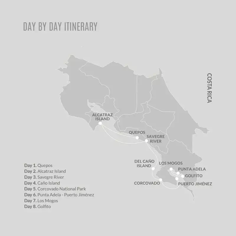 Route map of 8-day southbound Kontiki Pura Vida Expedition cruise from Quepos to Golfito, Costa Rica, with visits to the Osa Peninsula, Corcovado National Park, Del Cano & Alcatraz Islands & Manuel Antonio.