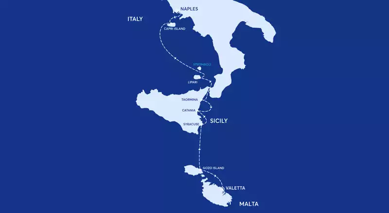 Route map of La Dolce Vita cruises to Malta with visits to Naples & Sicily.