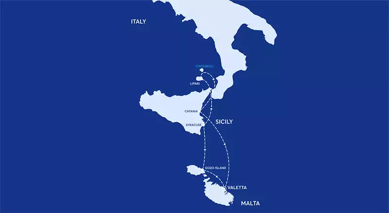 Map of the small cruise ship cruising from Sicily Italy to Valetta with blue and white colors