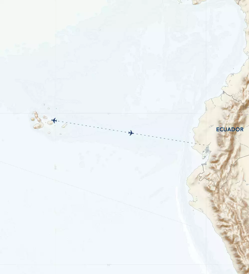 Route map of National Geographic Galapagos by Catamaran cruise, showing flight path from mainland Ecuador to the islands.