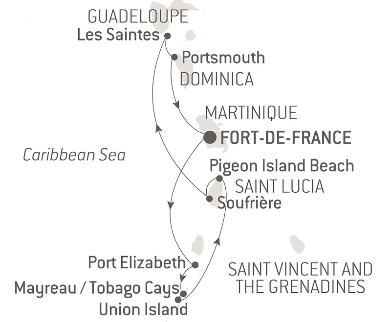 Route map of Pearls of the Caribbean Cruise, operating round-trip from Fort-de-France, Martinique, with visits to Port Elizabeth on Bequia Island, Mayreau Island, Tobago, Pigeon Island, Soufriere in Saint Lucia, Portsmouth & "The Saints."