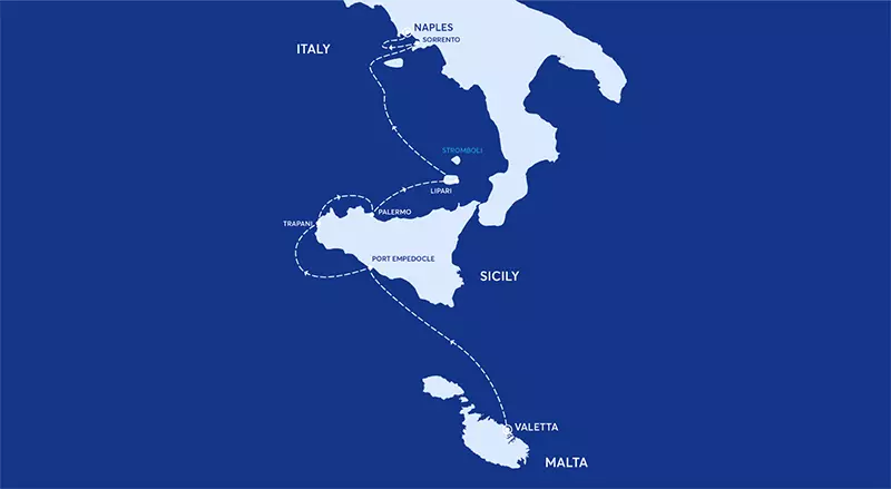 map of Amalfi coast cruise route from malta to Naples, in blue colors