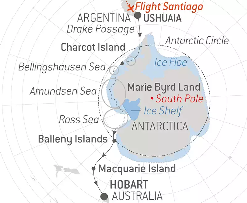 Route map of Unexplored Antarctica Between Two Continents cruise from Ushuaia, Argentina to Hobart, Tasmania.