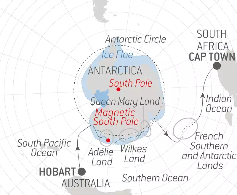 Route map of Unexplored East Antarctica & French Southern Lands expedition cruise from Hobart, Tasmania to Cape Town, South Africa.