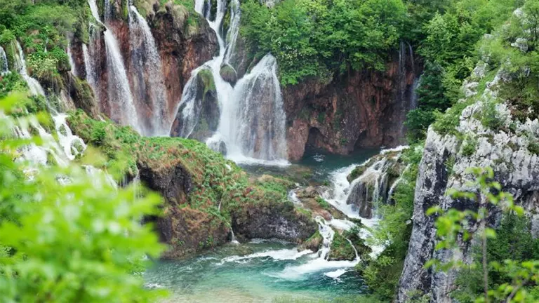 A Waterfall with gorgeous landscape of green bushes and clear water on dark rocks