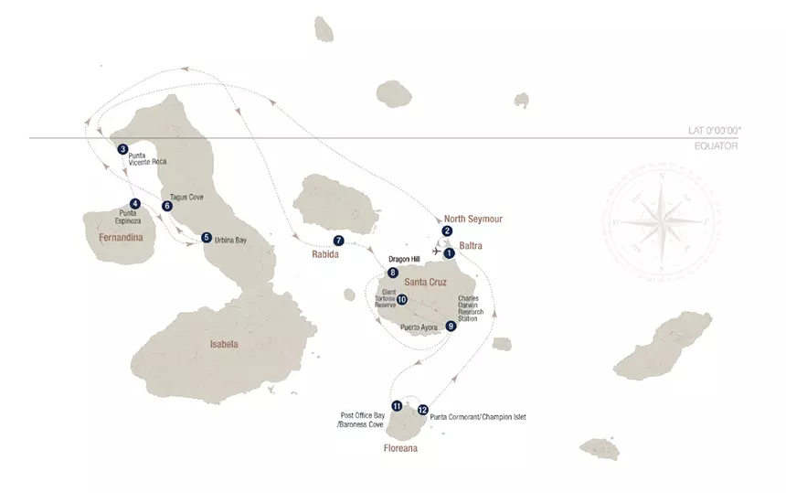 Example route map of an western Galapagos Islands itinerary showing the path of a ship sailing to the islands of Fernandina and Isabela.