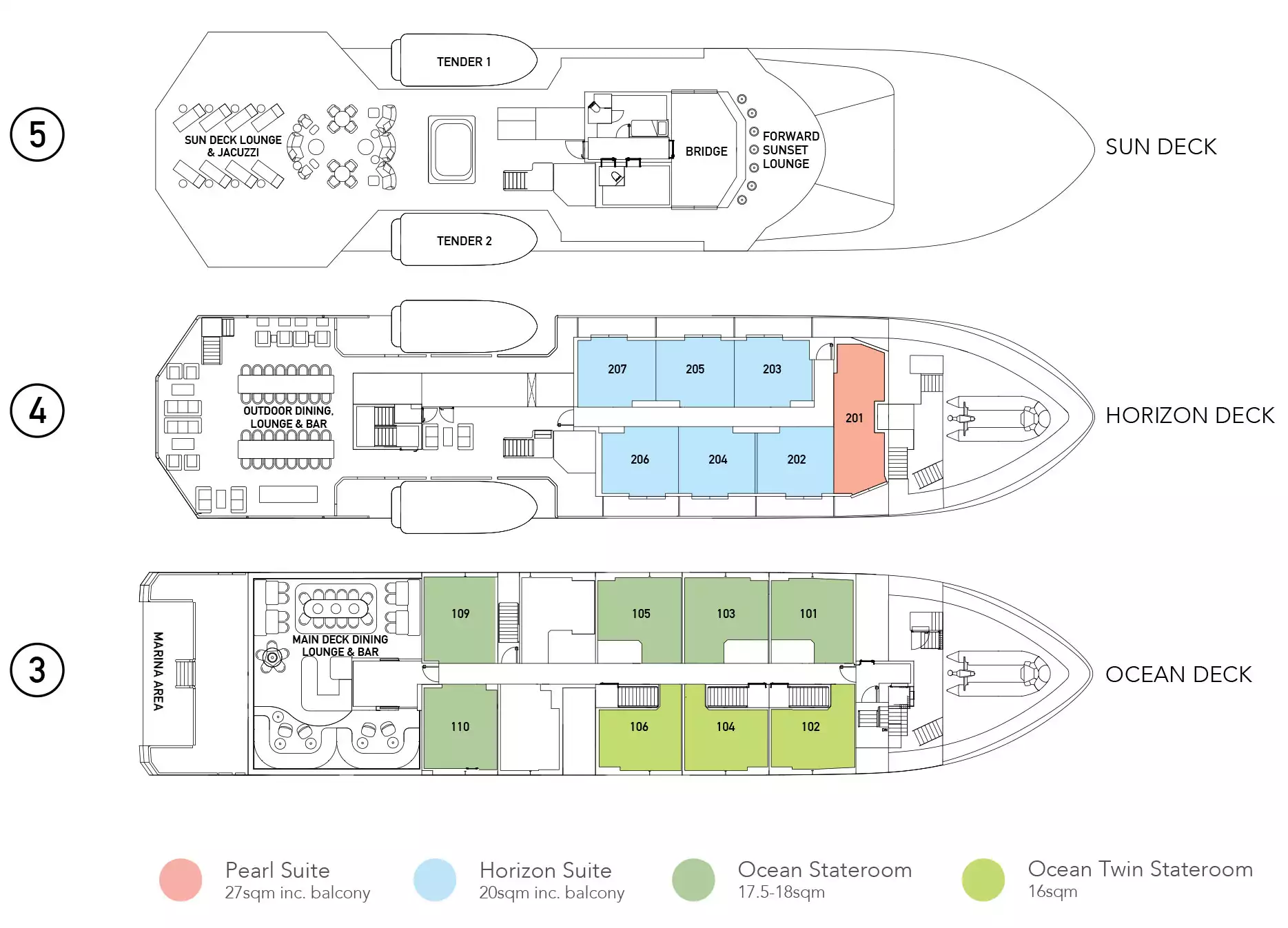 Deck plan of Paspaley Pearl cruise ship showing 15 guest cabins spread across Decks 3 & 4, color coded into 4 categories.