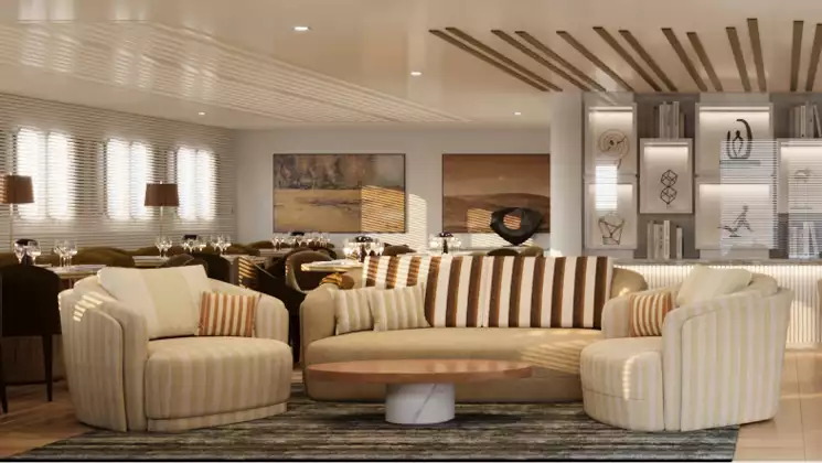 Rendering of dining room & lounge on Paspaley Pearl ship with mid-century modern motif, beige chairs, wood & stone tables.